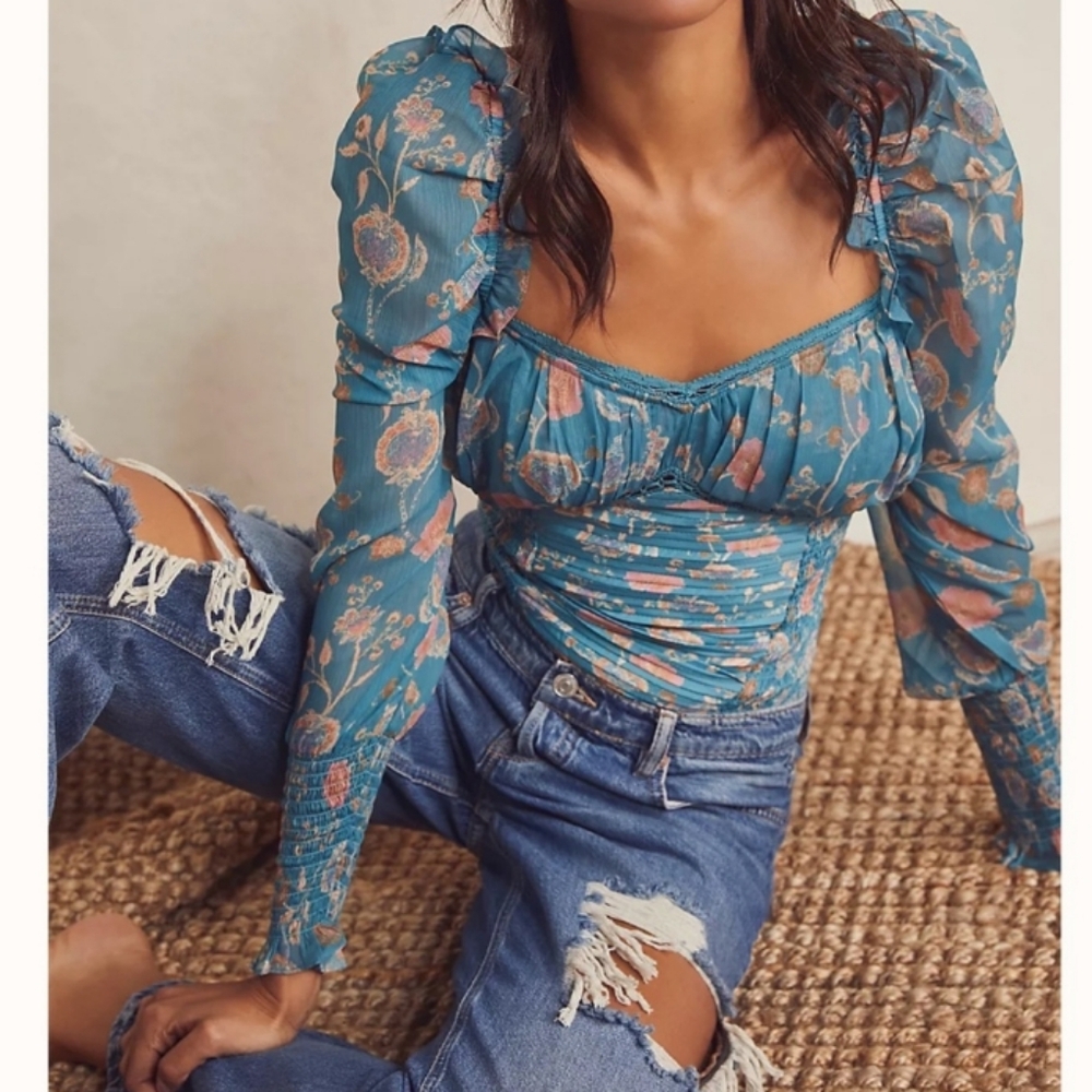 NWOT Free People Brunch Date Bodysuit Blue Combo L
